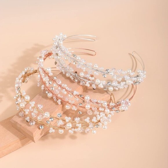 Golden Crystal Tiara Pearl Rhinestone Hairband Wedding Bridal Accessory main image 4